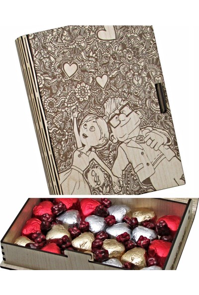 Çikolata Marketi Yukarı Bak (Up) Filmine Özel Tasarlanmış Ahşap Kitap Kutulu Sevgiliye Kalpli Çikolata