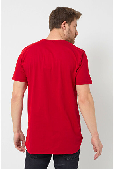 Amazing Crash Kırmızı Basic Erkek Bisiklet Yaka Long Fit Eteği Biyeli T-Shirt