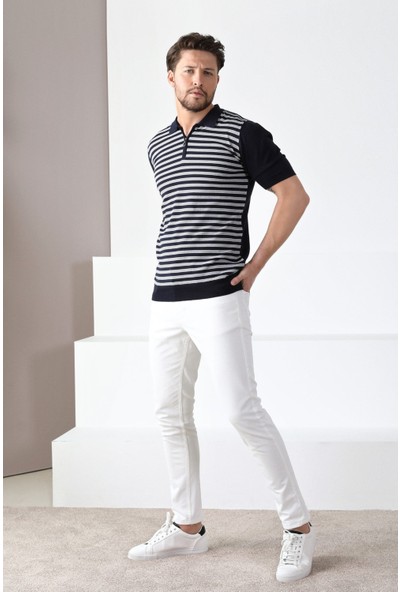 Ferraro Laci/beyaz Polo Yaka Fermuarlı Erkek Pamuk Triko T-Shirt