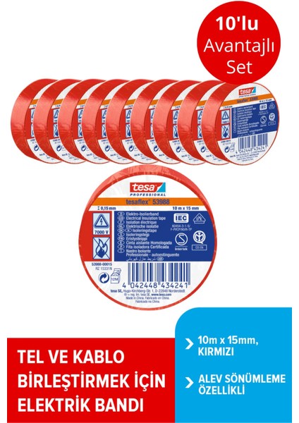 Elektrik Izolasyon Bandı Spvc, 10M x 15MM, Kırmızı Renk X10 Adet