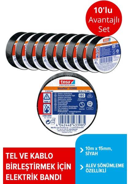 Elektrik Izolasyon Bandı Spvc, 10M x 15MM, Siyah Renk X10 Adet
