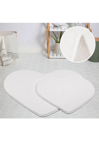 Modern Dekoratif Halı Jel Kaymaz Taban Peluş Puffy Kalp Model Beyaz Paspas Takımı 70X100 CM-70X60 cm