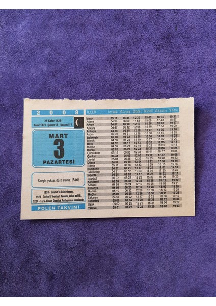 3 Mart 2008 Takvim Yaprağı Nostaljik Koleksiyonluk Takvim Yaprağı