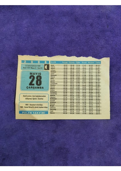 28 Mayıs 2008 Takvim Yaprağı Nostaljik Koleksiyonluk Takvim Yaprağı