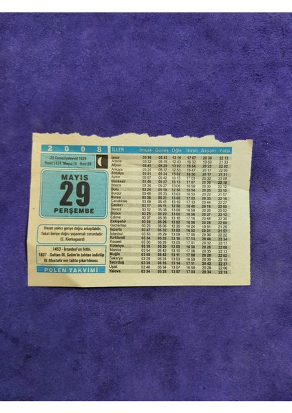 29 Mayıs 2008 Takvim Yaprağı Nostaljik Koleksiyonluk Takvim Yaprağı