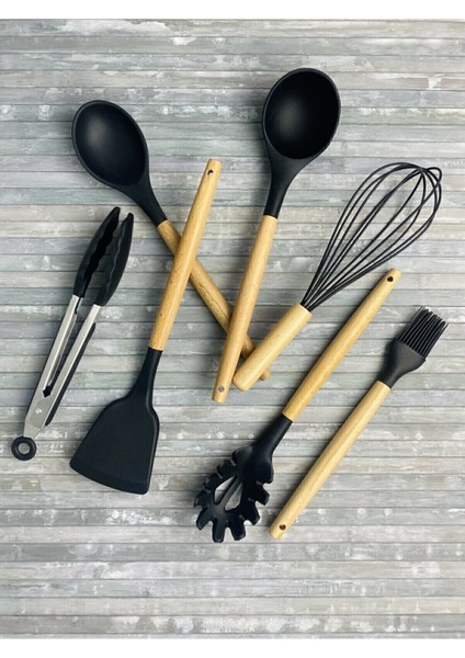 7 Parça Siyah Servis Seti ( Maşa- Kepçe-Kaşık-Çırpıcı-Spatula - Spagetti - Fırça )