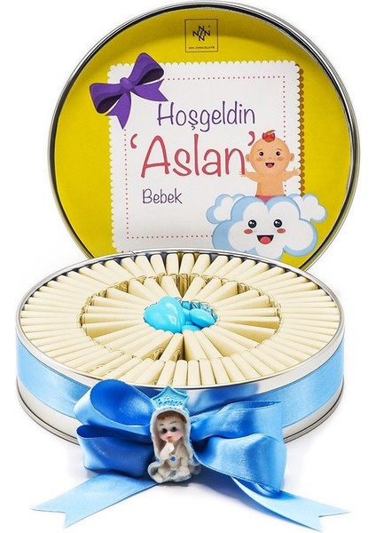Nin Erkek Bebek Çikolatası Metal Yuvarlak Kutu Sarı Baskılı (80 Adet Napoliten Çikolata)