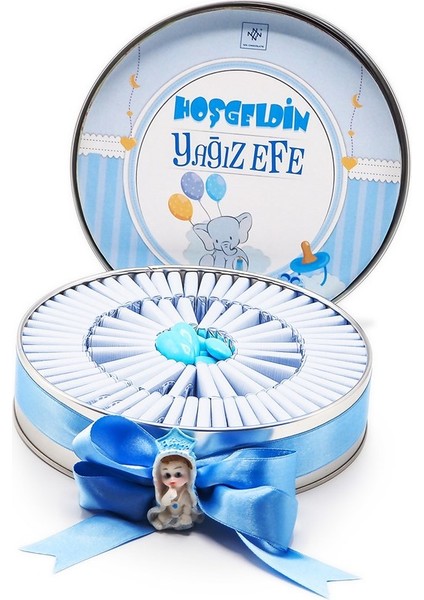 Nin Erkek Bebek Çikolatası Metal Yuvarlak Kutu Mavi Fil Baskılı (80 Adet Napoliten Çikolata)