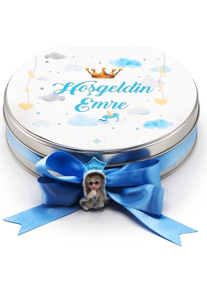 Nin Erkek Bebek Çikolatası Metal Yuvarlak Kutu Kral Tacı Baskılı (80 Adet Napoliten Çikolata)