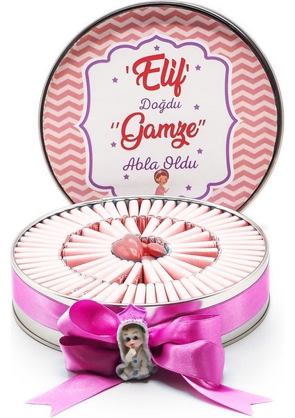 Nin Kız Bebek Çikolatası Metal Yuvarlak Kutu Pembe Çizgi Baskılı (80 Adet Napoliten Çikolata)