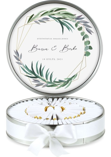 Metal Kutu Söz Nişan Çikolatası Yeşillik Desenli ( (80 Adet Napoliten Çikolata)