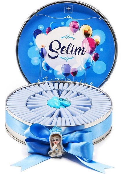 Nin Erkek Bebek Çikolatası Metal Yuvarlak Kutu Mavi Balon Baskılı (80 Adet Napoliten Çikolata)