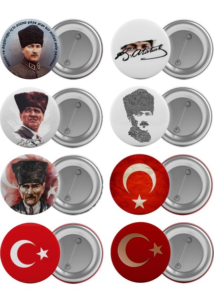 Atatürk ve Türk Bayrağı Çanta Rozeti Seti 8 Adet En Büyük Boy 5.8cm Iğneli Broş