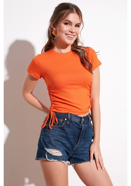 Yanlardan Büzgülü Kısa Kollu Crop Bluz Bayan Bluz 5864010