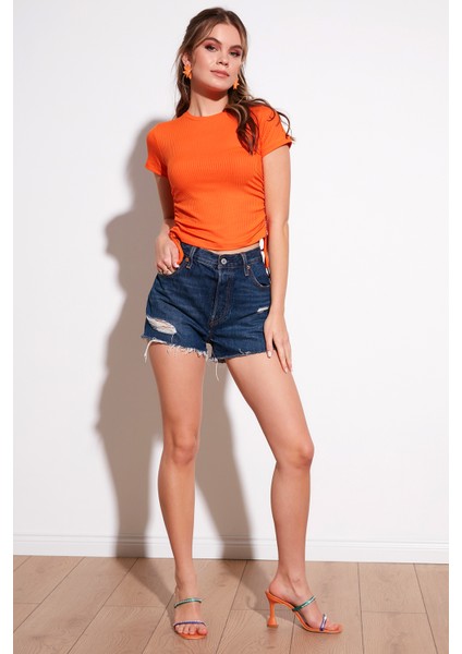 Yanlardan Büzgülü Kısa Kollu Crop Bluz Bayan Bluz 5864010 fiyatları