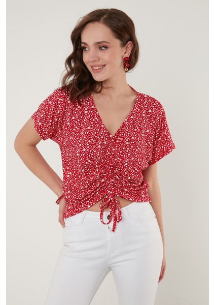 Çiçek Desenli Önü Büzgülü V Yaka Crop Bluz Bayan Bluz 5864486Y4