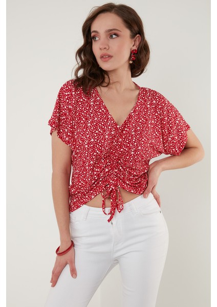 Çiçek Desenli Önü Büzgülü V Yaka Crop Bluz Bayan Bluz 5864486Y4 indirimleri