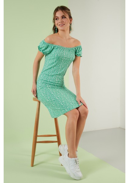 Çiçekli Carmen Yaka Mini Elbise Bayan Elbise 5863700 modelleri