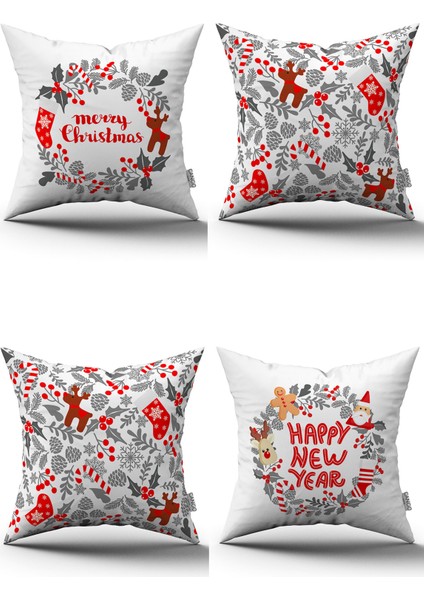 Kırmızı Gri Yılbaşı Temalı 4'lü Kırlent Kılıfı Seti 4KMBS174