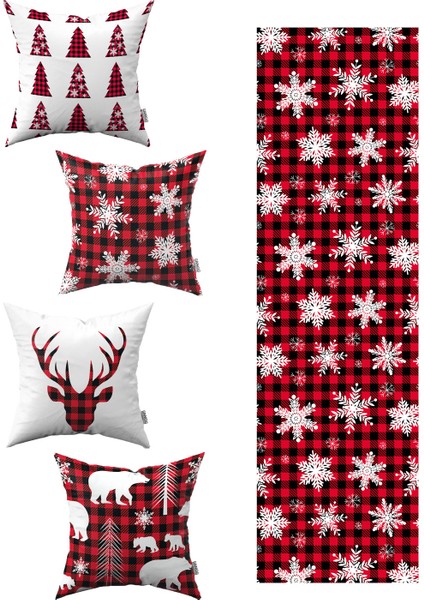 Kırmızı Siyah Ekose Yılbaşı Temalı 4'lü Kırlent Kılıfı 1 Runner Seti 4KMBS84-RS-01