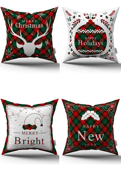 Kırmızı Yeşil Ekose Yılbaşı Temalı 4'lü Kırlent Kılıfı Seti 4KMBS172