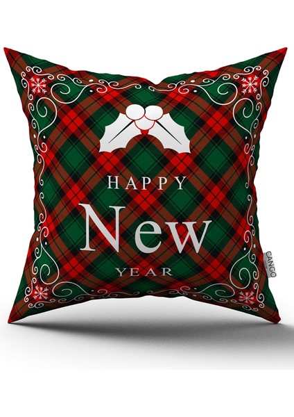 Kırmızı Yeşil Ekose Desenli Yılbaşı Temalı Dijital Baskılı Kırlent Kılıfı CGH910