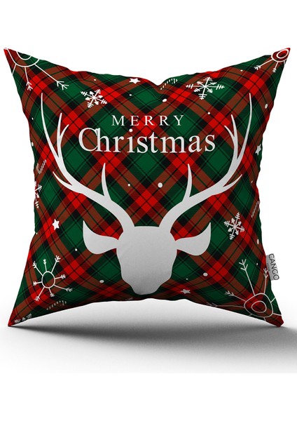 Kırmızı Yeşil Ekose Desenli Yılbaşı Temalı Dijital Baskılı Kırlent Kılıfı CGH909