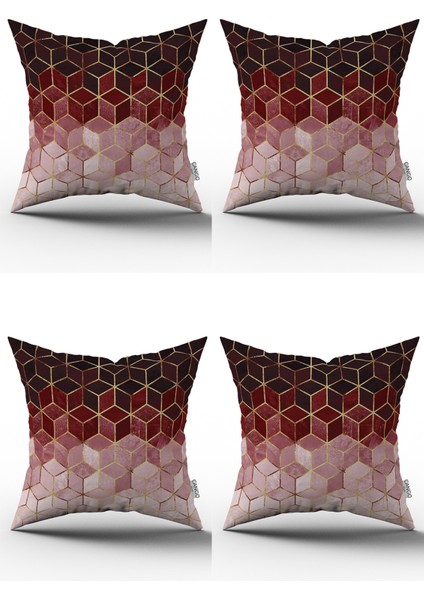 Kırmızı Altın Mozaik Desenli Dijital Baskılı Kırlent Yastık Kılıfı Seti 4KMBS179