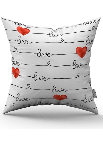 Beyaz Kırmızı Love Yazılı Kalp Desenli Dijital Baskılı Kırlent Kılıfı CGH1004