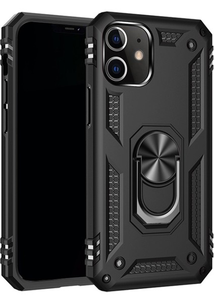 iPhone 12 Için Halkalı Standlı Pc + Tpu Hibrit Telefon Kılıfı Siyah (Yurt Dışından)