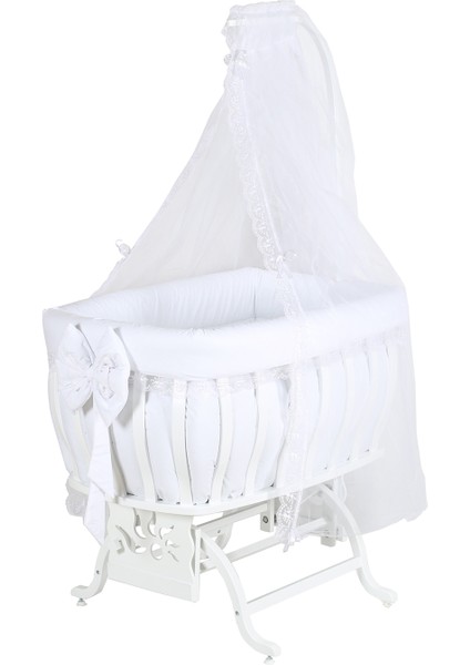 Beşik, Fiyonklu Mdf Sallanan Beşik + Uyku Seti + Cibinlik - Beyaz