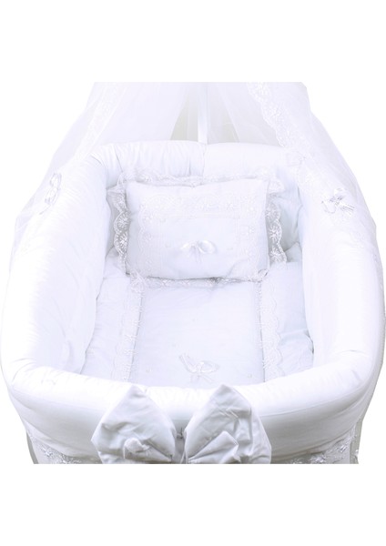 Beşik, Fiyonklu Mdf Sallanan Beşik + Uyku Seti + Cibinlik - Beyaz modelleri