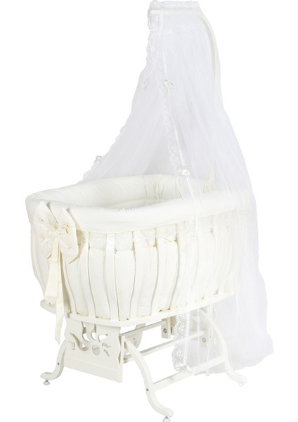 Beşik, Fiyonklu Mdf Sallanan Beşik + Uyku Seti + Cibinlik - Krem