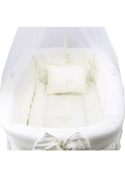 Beşik, Fiyonklu Mdf Sallanan Beşik + Uyku Seti + Cibinlik - Krem modelleri