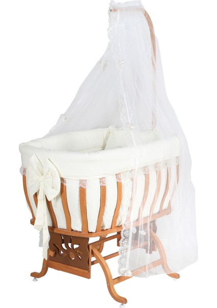 Beşik, Fiyonklu Mdf Sallanan Beşik + Uyku Seti + Cibinlik - Açık Ceviz