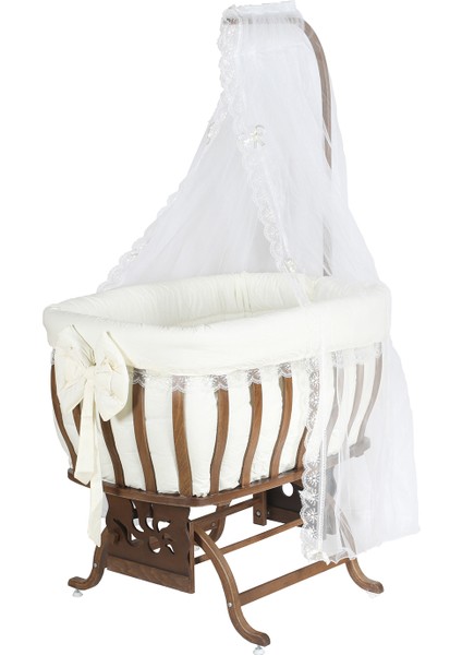 Beşik, Fiyonklu Mdf Sallanan Beşik + Uyku Seti + Cibinlik - Koyu Ceviz