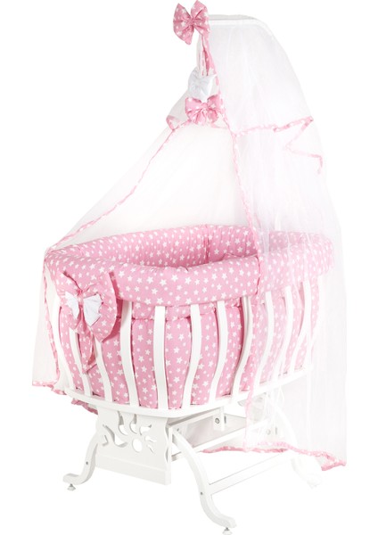 Beşik, Fiyonklu, Yıldızlı Mdf Sallanan Beşik + Uyku Seti + Cibinlik - Pembe