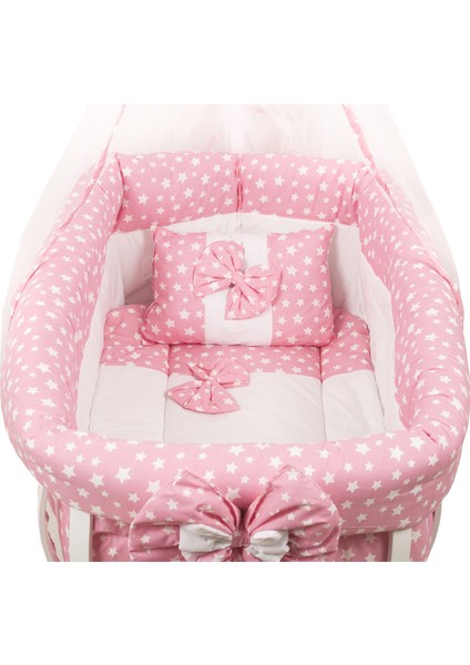 Beşik, Fiyonklu, Yıldızlı Mdf Sallanan Beşik + Uyku Seti + Cibinlik - Pembe modelleri