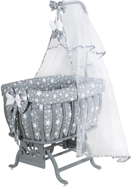 Beşik, Fiyonklu, Özel, G1 Mdf Sallanan Beşik + Uyku Seti + Cibinlik - Gri