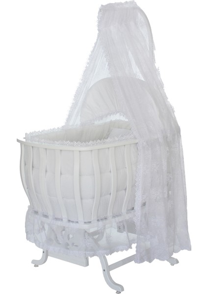 Doğal Ağaç Beşik, Lüx Sallanan Beşik + Uyku Seti + Cibinlik - Beyaz