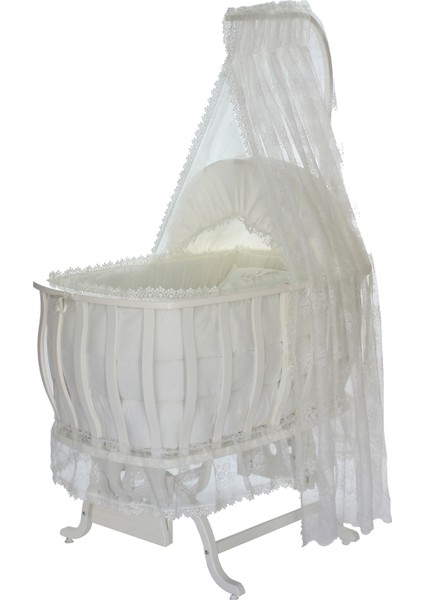 Doğal Ağaç Beşik, Lüx Sallanan Beşik + Uyku Seti + Cibinlik - Krem