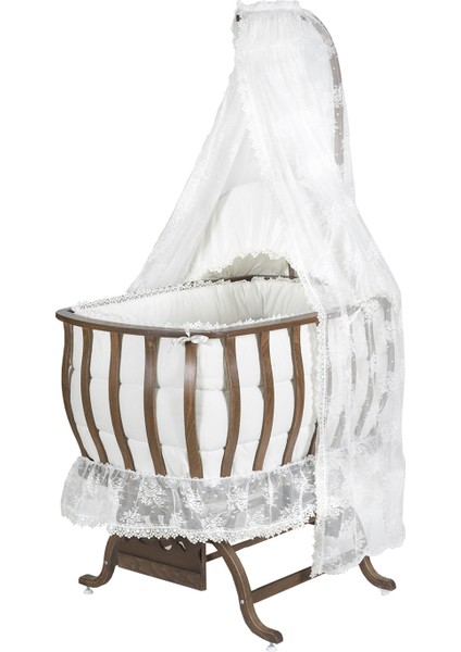 Doğal Ağaç Beşik, Lüx Sallanan Beşik + Uyku Seti + Cibinlik - Koyu Ceviz