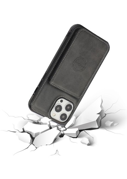 Apple iPhone 13 Pro Için Kart Bölmeli Dahili Manyetik Metal Levhalı Pu Deri Pc + Tpu Hibrit Kılıf - Siyah (Yurt Dışından)