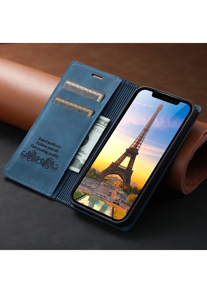Apple iPhone 12 Için Cüzdan Tasarımlı Standlı Pu Deri Telefon Kılıfı - Mavi (Yurt Dışından)