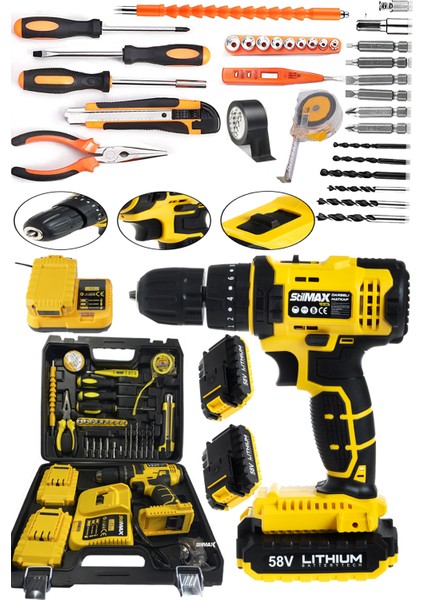 Germany Hybrid Brushless Motor 58V Panasonic Çift Akülü Darbeli Şarjlı Matkap Seti + 30 Parça Set