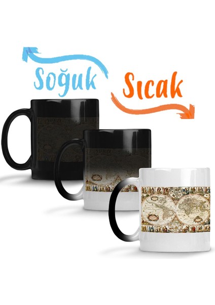 Eski Dünya Haritası 2 Sihirli Kupa Bardak Porselen