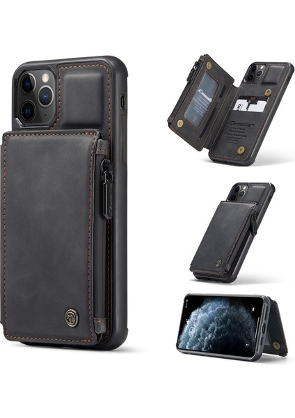 C20 Apple iPhone 11 Pro Max Için Fermuarlı Cep Pu Deri Kaplamalı Kılıf - Siyah (Yurt Dışından)