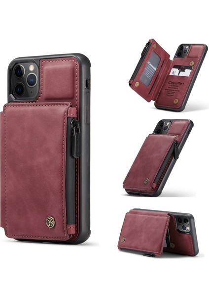 C20 Apple iPhone 11 Pro Max Için Fermuarlı Cep Pu Deri Kaplamalı Kılıf- Kırmızı (Yurt Dışından)