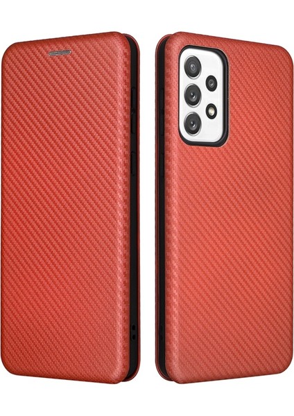 Karbon Fiber Doku Telefon Kılıfı Katlanabilir Standı Samsung Galaxy A73 5g Için Için Pu Deri Kılıf - Turuncu (Yurt Dışından)