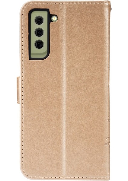 Kelebekler ve Çiçek Baskılı Deri Cüzdan Standı Tasarım Kılıf Samsung Galaxy S21 Fe - Altın (Yurt Dışından)
